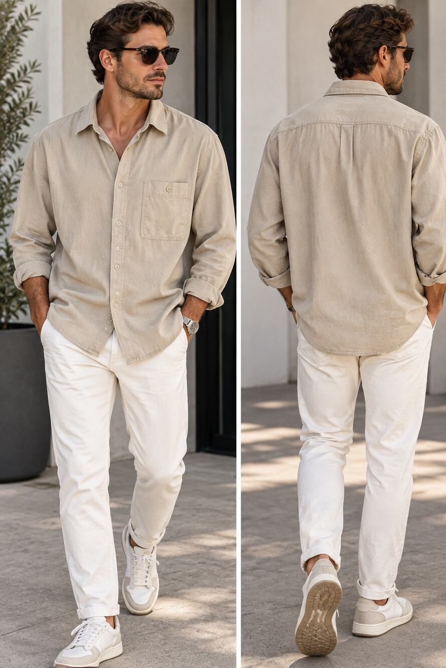 Banana Republic Relaxed-Fit Long Sleeve Washed Cotton Poplin Shirt Beige Mens XL